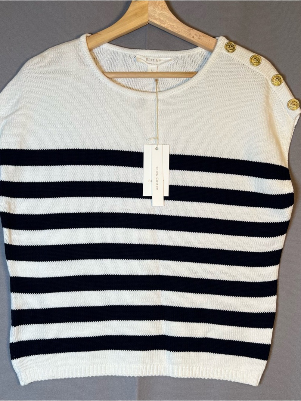 Women's White & Navy Striped Nautical Button Shoulder Sleeveless Sweater szL NWT